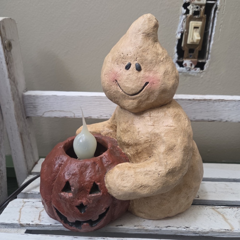 Vintage Vickie Jeans Creations Primitive Style Halloween Light Up Ghost Pumpkin